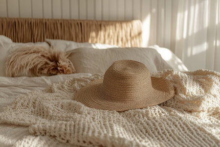 Sun Hat on Knit Throw Blanket in Cozy Bedroom with Sunlight, Neutral Colors, Bedroom Decor and Styleの素材