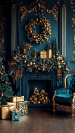 Elegant Classic Blue Living Room Decorated with Gold Christmas Ornaments, Christmas Decoration.の素材