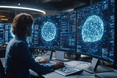 Female Engineer Analyzing Neural Networks on Multiple Monitors for Machine Learning Project.の素材