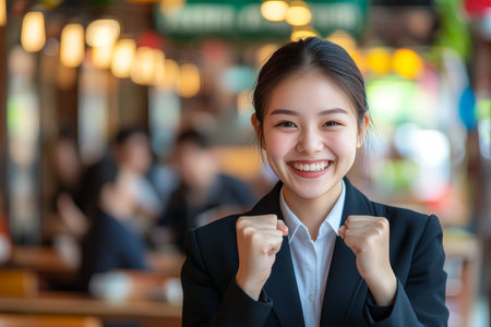 Portrait, Happy Young Businesswoman in Suit, Celebrating Success with Winning Gestureの素材