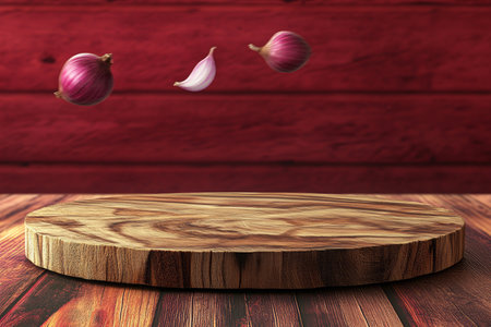 Empty Rustic Wooden Chopping Board With Flying Onion and Garlic on Red Wooden Background.の素材
