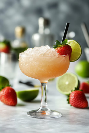 Refreshing Strawberry Cocktail with Lime and Ice on Marble Table, Close-Up for Summer Drinksの素材
