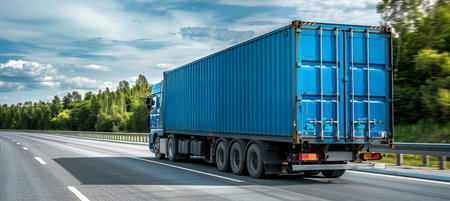 Blue Semi Truck Carrying a Cargo Container on the Road, Logistics and Transportation Conceptの素材