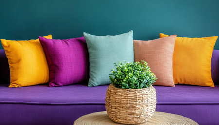 Colorful Throw Pillows and Green Plant on a Purple Sofa, Cozy Interior Design Elementの素材