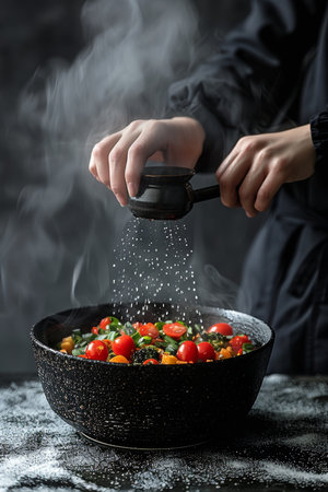 Chef Seasoning Steaming Hot Bowl of Vegetables with Fresh Herbs, Culinary Delights, Food Photographyの素材