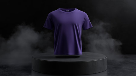 Isolated Purple T-Shirt Mockup On Round Black Pedestal With Atmospheric Fog, Fashion, Style, Apparelの素材