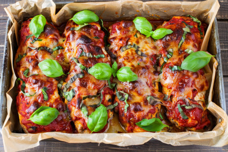 Baked Chicken Breasts with Cheese and Tomato Sauce, Garnished with Fresh Basil, Top Viewの素材