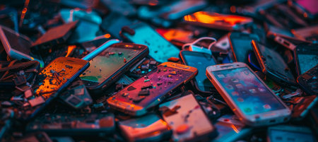 Pile of Damaged, Obsolete Cell Phones E-Waste, Recycling, Environmental Issues Concept.の素材