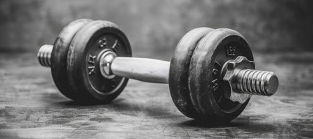 Close up of a gleaming dumbbell with neatly arranged weight plates for fitness enthusiastsの素材