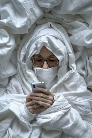 Woman in White Sheets Scrolling on Her Phone Concept of Digital Detox or Social Media Addictionの素材