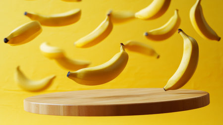 Ripe Yellow Bananas Floating Above Empty Round Wooden Board on Vibrant Yellow Backgroundの素材