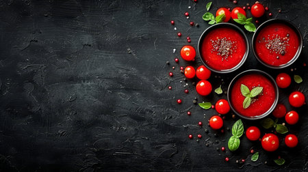 Three Bowls of Cold Tomato Soup Garnished with Chia Seeds, Herbs, on Black Backgroundの素材