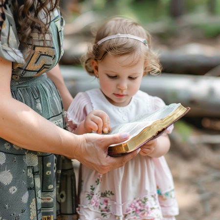 Mother guiding daughter s hand holding book in heartwarming close up moment of shared readingの素材