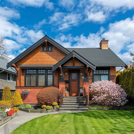 Craftsman Bungalow Home Exterior with Covered Porch, Landscaping, North American Architectureの素材