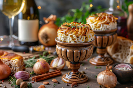Gourmet Roasted Garlic Shepherds Pie in Rustic Bowls, Rustic Food Photography on Wooden Tableの素材