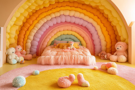 Cozy Childrens Room Interior, Rainbow on Wall, Yellow Bedspread, Plush Cushions, and Toys.の素材