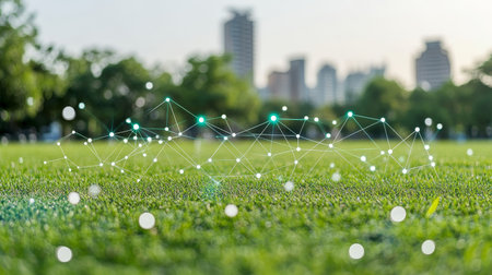 Green Grass Field With Network Connection In City Park, Technology And Nature Concept.の素材