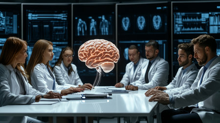 Team of Medical Professionals Analyze Holographic 3D Brain Model in Futuristic Laboratory Meetingの素材
