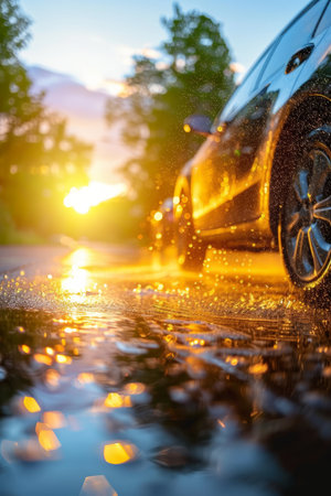 Car Driving on Wet Road with Sunset Reflection, Concept for Transportation, Safety, and Weather.の素材
