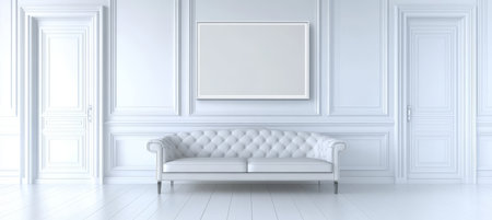Modern Minimalist White Interior, White Sofa, Picture Frame. 3D Rendering Illustrationの素材