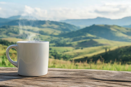 Scenic Morning Coffee Steaming Mug on Wooden Deck Overlooking Rolling Green Hills and Mountain Viewの素材