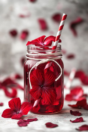 Refreshing Red Floral Ice Drink in Mason Jar with Straw on Gray Background with Scattered Petals.の素材