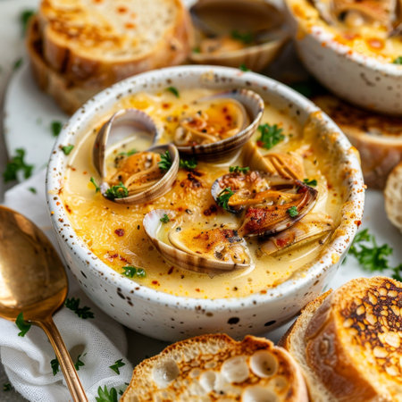 Bowl of Creamy Clam Chowder Soup with Toasted Bread, Comfort Food Classic, Seafood Dinnerの素材