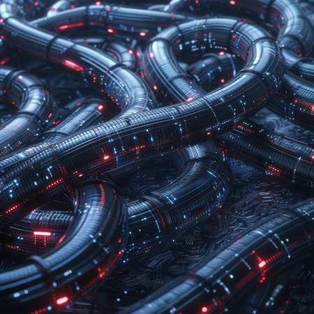 Radiant data cables transmitting information with glowing background illuminationの素材