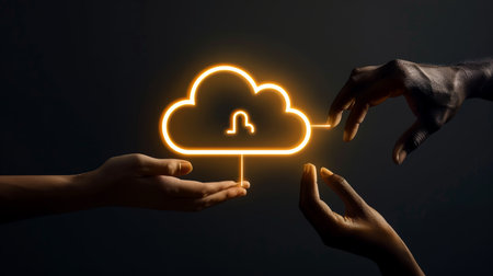Connected to the Cloud Two Hands Holding a Glowing Cloud Computing Symbol in Dark Backgroundの素材