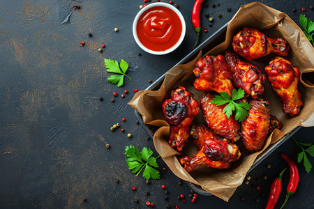 Grilled Spicy Chicken Wings, Legs, and Drumsticks with Red Sauce in Rustic Metal Serving Dishの素材