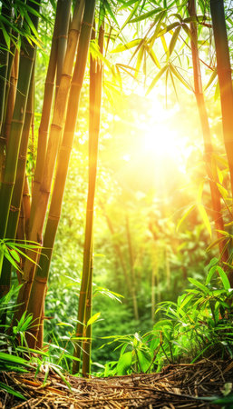 Golden Sunbeams Through Dense Bamboo Forest, Tranquil Nature Background, Lush Green Foliageの素材