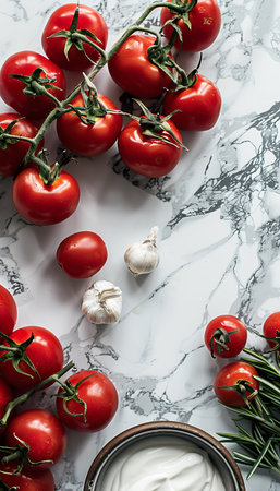 Fresh, Vine-Ripened Tomatoes, Garlic Cloves, and Bowl Prepared for Flavorful Italian Cuisineの素材