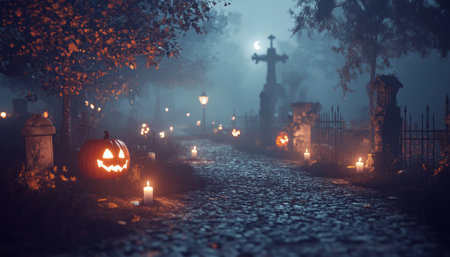 Foggy Halloween Cemetery. Spooky Night With Pumpkins, Candles And Crosses. Path Lit By Lanterns.の素材