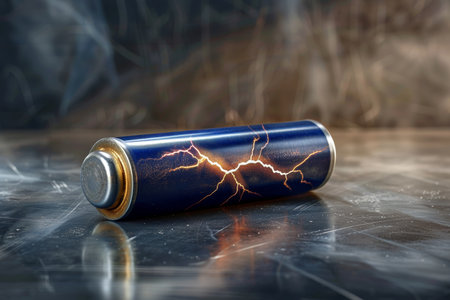 Blue Rechargeable Battery with Visible Internal Sparks, Highlighting Energy and Power Conceptsの素材