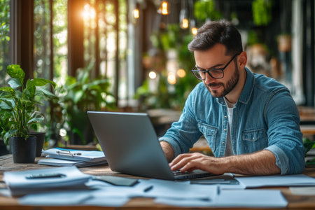 Focused Entrepreneur Working on Laptop in Cafe, Surrounded by Documents, Analyzing Business Dataの素材