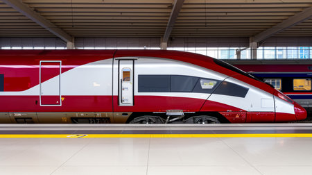 Modern High-Speed Red Train At Railroad Platform, Urban Transportation., Railway, Powerfulの素材