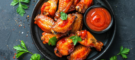Spicy Chicken Wings with Dip, Delicious and Crispy Baked Chicken Wings on a Plate, Top Viewの素材