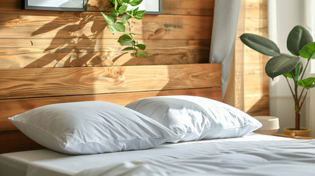 White pillows on a comfortable bed in a bright bedroom, sunlit room with wood paneling and plants.の素材