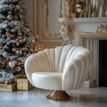 Elegant white armchair in luxurious Christmas living room interior with fireplace and gold decor.の素材