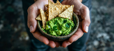 Hands Holding Bowl of Guacamole with Tortilla Chips Close-Up, Healthy Vegan Snack Backgroundの素材