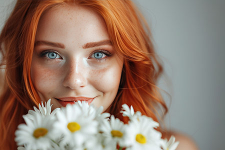 Closeup Portrait of Happy Young Redhead Woman with Freckles Holding Chamomile Bouquetの素材