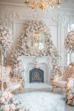 Elegant fireplace decorated for winter holidays with flowers and garland in soft pastel colors.の素材