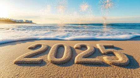 2025 Written on Sandy Beach With Ocean Waves. Fireworks And Sunrise Sky, Happy New Year.の素材