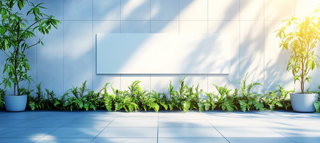 Blank billboard on a patio wall with green plants, sunlight and shadows, 3d renderingの素材