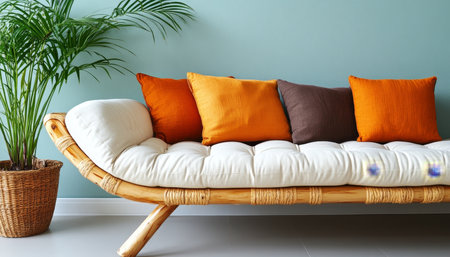 Cozy Interior Design Rattan Sofa with White Cushions and Colorful Pillows in a Tranquil Roomの素材