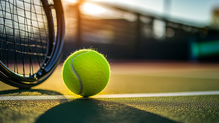 Tennis Ball Close Up On A Court With Racket At Sunset, Concept For Sports And Recreationの素材