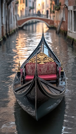 Classic Venetian Gondola Romantic Journey Through Picturesque Canal in Venice, Italyの素材