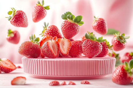 Fresh Ripe Strawberries, Whole and Halved, Cascading Over Pink Container on Light Pink Backgroundの素材