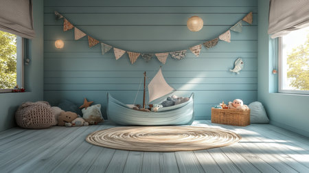 Blue Nautical Themed Kids Playroom With Sailboat Bed, Toy Chest, And Coastal Decor. 3D Rendering.の素材