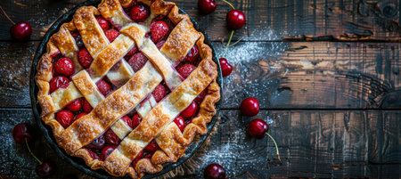 Homemade Cherry Pie for Dessert with Fresh Cherries Scattered On Rustic Wood Table, Top Viewの素材